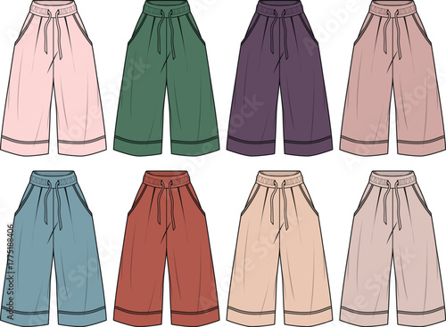 Collection of stylish wide-leg cropped pants in various fashionable colors
