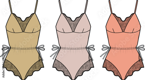 Three women's lingerie bodysuits in beige, light pink, and light orange colors, showcasing delicate lace trim and tie details