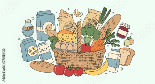 Vibrant illustration of a bountiful grocery basket, brimming with fresh produce, dairy, and bread. Symbolizes healthy eating and daily kitchen essentials