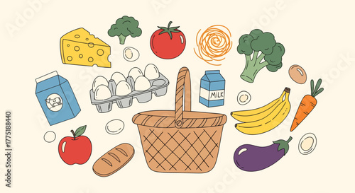 Basket of Groceries Illustration Fresh Food, Produce, and Dairy