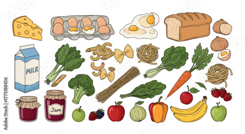 A vibrant assortment of essential grocery items, including fresh produce, dairy, grains, and pantry staples, perfect for healthy cooking and daily meals