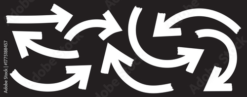 Hand drawn grunge arrows vector. Grunge arrow brush. bold brush arrows set.  hand drawn White  arrows collection, doodle thick arrows different directions. Rough vector arrow shapes. Arrow icon set. 