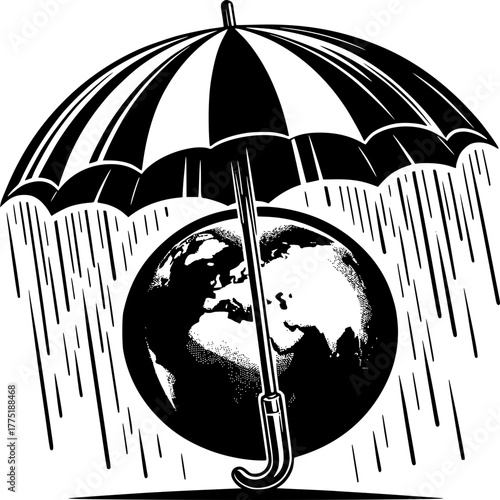 Umbrella Shielding Earth: An umbrella protects the planet, symbolizing environmental conservation and safeguarding our world from adverse effects