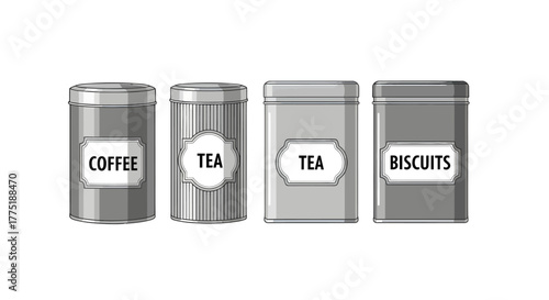 A vector illustration of a set of classic kitchen storage canisters for coffee, tea, and biscuits, representing pantry organization and food storage concepts