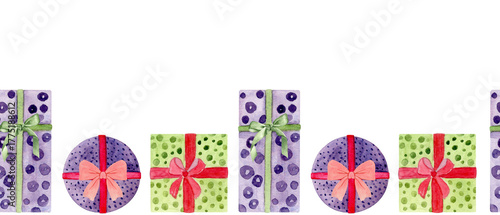 Gift boxes tied with a ribbon and bow. Watercolor seamless border isolated on white. Perfect for Christmas, New Year, birthday, celebration decoration projects. Green purple red. Polka dot and stripes
