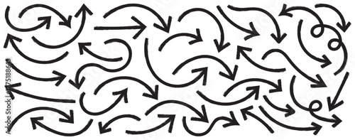 Set of hand drawn arrows. Curvy, wavy arrows. Hand drawn brush arrow set with crayon texture - curved and straight. Bold brush drawn arrows. marker drawn bold arrows set. Doodle arrow icon set. 