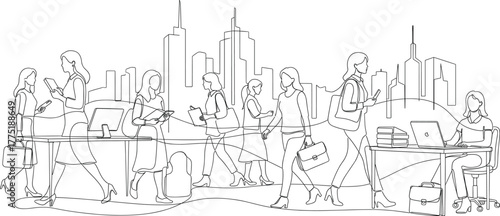 Urban professional women illustration—cityscape background, office tools, smartphones, briefcases, continuous line art, modern career and mobility theme