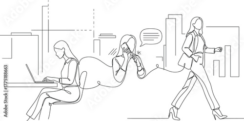 Professional woman illustration—three stages of work life including laptop, phone, and walking, continuous line art vector with urban backdrop