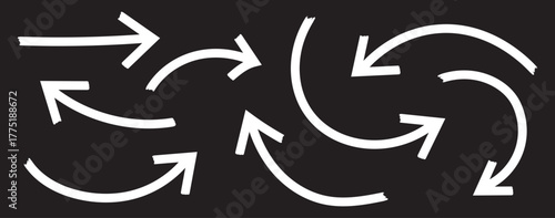 Hand drawn grunge arrows vector. Grunge arrow brush. bold brush arrows set.  hand drawn White  arrows collection, doodle thick arrows different directions. Rough vector arrow shapes. Arrow icon set. 