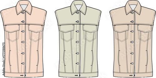 Flat sketch of sleeveless denim jackets in three different colors, perfect for fashion design