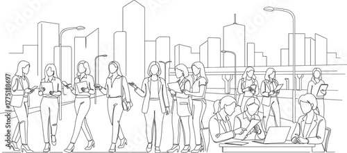 Urban businesswomen illustration—group of professionals interacting with devices and each other, city backdrop, minimalist black-and-white line art vector