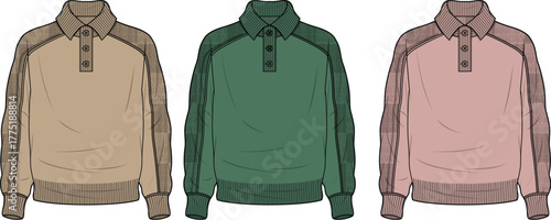Vector fashion design template of a long sleeve polo knit sweatshirt. Set includes multiple colorways for apparel collection and manufacturing tech packs