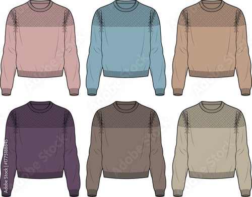 Fashion flat lay technical sketch set of a crew neck pullover sweatshirt. Vector illustration template showing six different color options for apparel design and tech packs