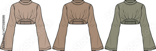 Vector fashion flat sketch set of a high neck long bell sleeve crop top with underbust ruched detail and cutout in multiple colorways