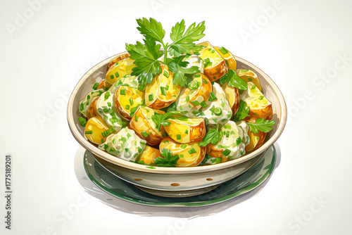 potato salad with mayonnaise, sour cream, and vegetables vector illustration for homemade food and lunch meal concept