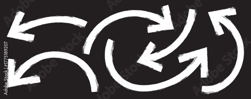 Hand drawn grunge arrows vector. Grunge arrow brush. bold brush arrows set.  hand drawn White  arrows collection, doodle thick arrows different directions. Rough vector arrow shapes. Arrow icon set. 