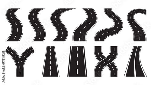 Set of road vectors various curved and straight asphalt roads isolated on white background