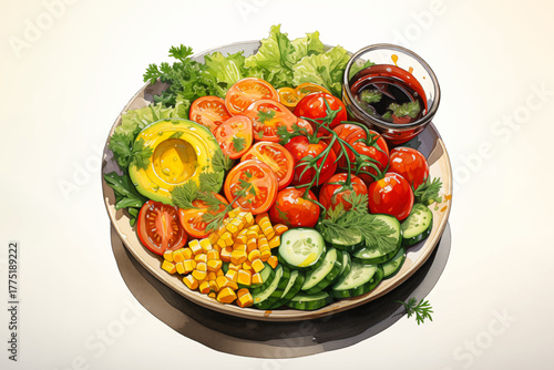 healthy salad with tomatoes, cucumbers, corn, lettuce, vegetables, and olive oil vector illustration for fresh food and diet meal concept