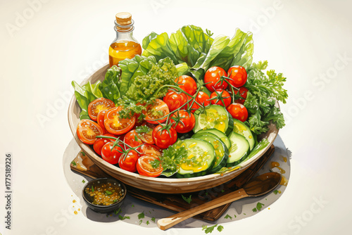 healthy salad with tomatoes, cucumbers, corn, lettuce, vegetables, and olive oil vector illustration for fresh food and diet meal concept