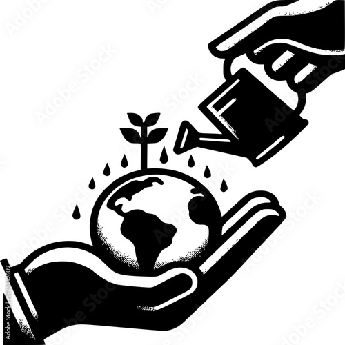Nurturing Earth: Two hands cradle a miniature globe, symbolizing global nurturing. One hand holds a watering can, carefully hydrating a seedling emerging from the globe's surface.