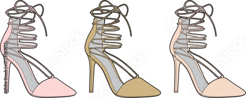 Elegant High Heel Sandal Illustrations in Three Color Variations Pink, Tan, and Beige
