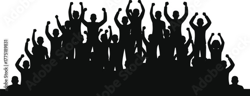 Crowd cheering silhouette, unity celebration vector, people raising hands, black white contrast, cad drawing flat vector illustration, group excitement