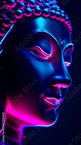 Neon blue and pink Buddha face statue with glowing edges in modern digital art style, spiritual meditation and zen concept