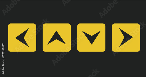 Arrow pointing left on yellow square button dark background for navigation previous content direction indicator interface element symbol sign