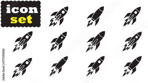A rocket launching Icon, A rocket launching Black Vector Set