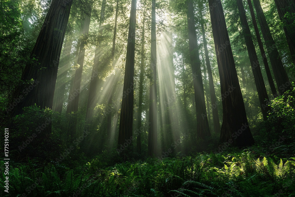 Fototapeta premium hidden redwood grove where sunlight filters through the dense foliage, creating mesmerizing glow