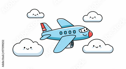 Aviation adventure with smiling airplane among friendly clouds, a delightful vector illustration
