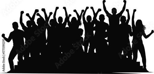 Silhouette crowd cheering on steps, unity celebration vector, black people group illustration, cad drawing flat vector illustration, excitement pose