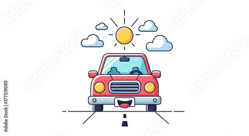 Cartoon car trip illustration with sun and clouds representing a cheerful journey ahead