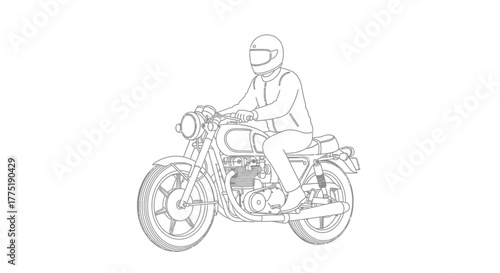 Detailed line drawing of a motorcyclist on a vintage motorbike against a white backdrop