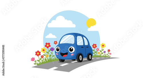 Happy blue car rides on the road amidst colorful flowers under the summer sky