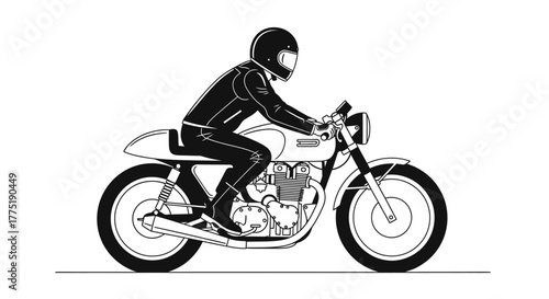 Stylized monochrome illustration of a motorcycle rider with vintage motorcycle design