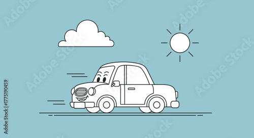 Cartoon car illustration, cheerful vehicle with sun and cloud on a light blue backdrop