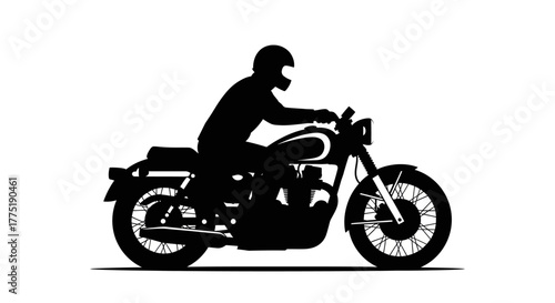 Silhouette of a motorcyclist on a classic bike creates a striking visual contrast on white space