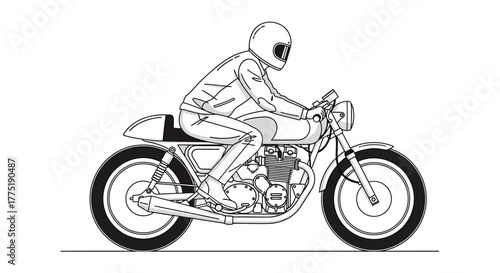 Monochrome vector artwork showcasing a biker riding a classic motorcycle silhouette isolated on a