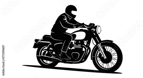 Silhouette of a motorcyclist riding a vintage motorcycle illustration in black and white on a