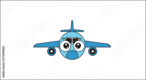 Playful cartoon airplane with expressive eyes soars on a whimsical journey