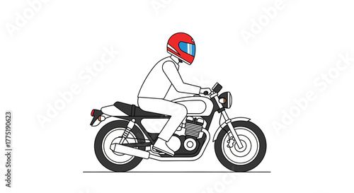 Stylized monochrome biker illustration cruising on a motorcycle with safety helmet