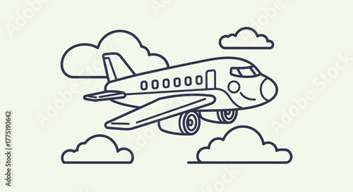 Doodle style cartoon illustration of a plane flying through fluffy clouds with cheerful face