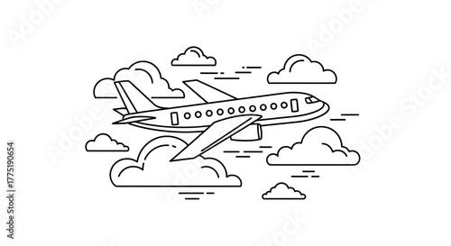 Aviation journey representation via linear illustration of passenger airplane flying through the