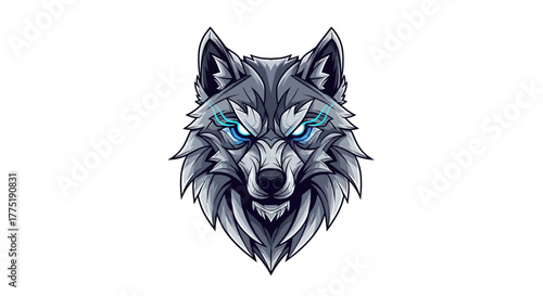 Intense wolf portrait with glowing blue eyes, exuding power, ferocity, and a fierce, untamed spirit for impactful designs.
