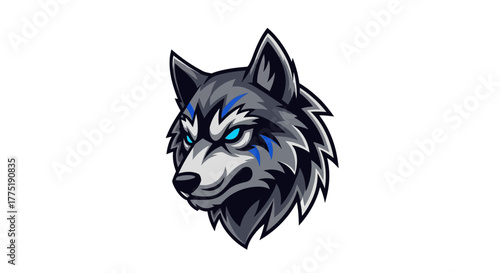 Intense wolf mascot head with glowing blue eyes and fierce expression, perfect for esports teams and gaming brands seeking a powerful identity.