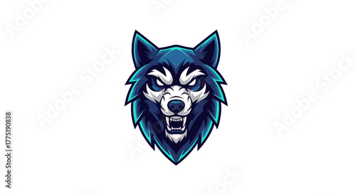 Fierce blue wolf mascot head showcasing aggressive teeth and intense eyes, perfect for esports teams and gaming brands