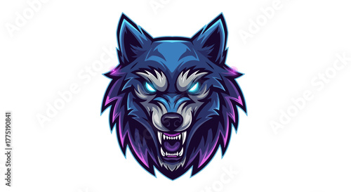Fierce blue wolf mascot head roaring with glowing eyes and purple accents, perfect for esports branding and gaming teams seeking a powerful symbol.