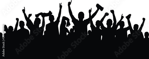 Silhouette crowd cheering with raised hands, fans celebration, sports event energy, cad drawing flat vector illustration, black and white art