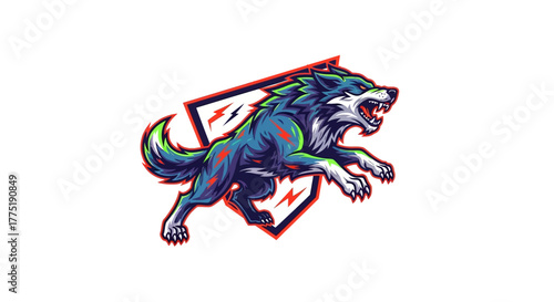 Dynamic wolf mascot illustration with fierce expression and lightning accents, perfect for sports teams and gaming logos